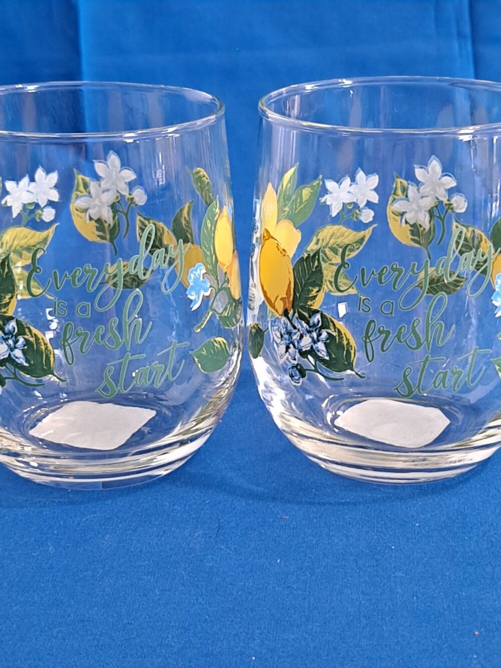 Set 2 New LEMON FLORAL Stemless Old-Fashioned GLASSES 16.8 Oz Stemless Wine